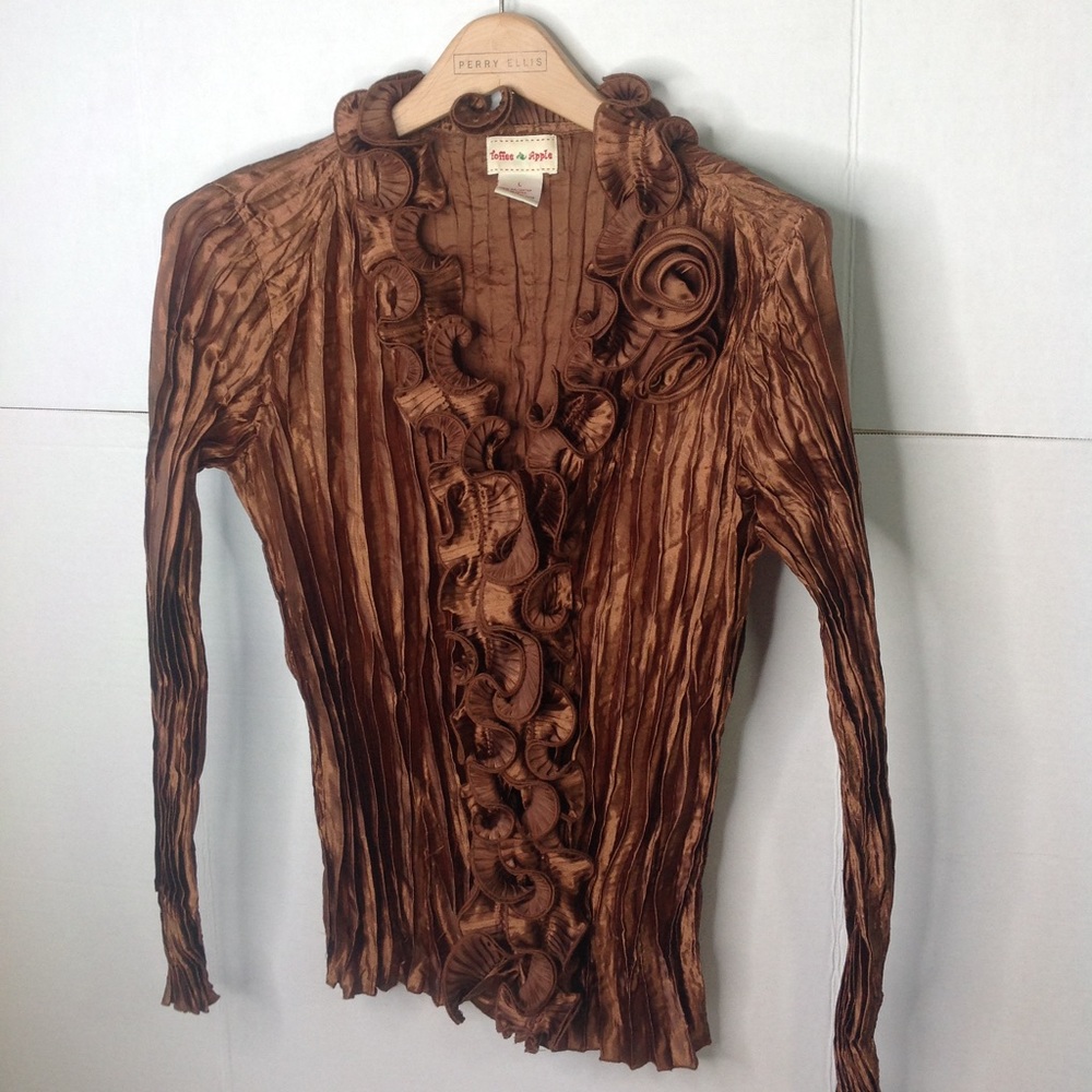 Vintage Brown Pleated Blouse Mini Rosette Ruffle